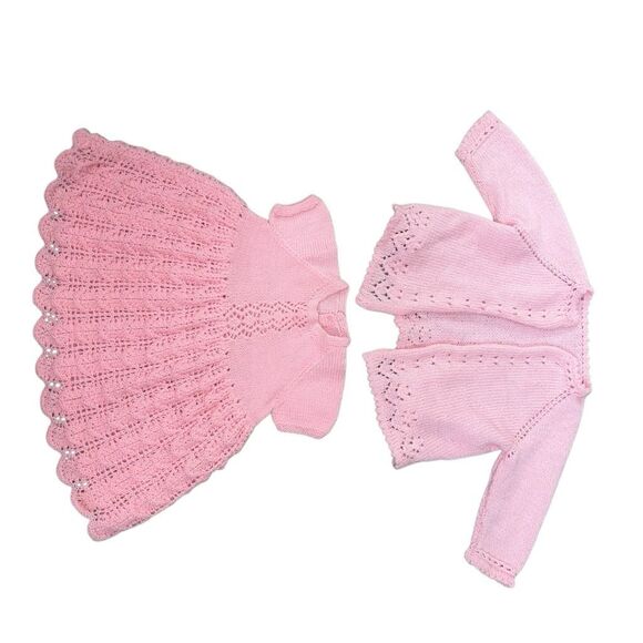 Vintage Handmade Baby Dress & Cardigan Set – Pink Knit Lace, Special Occasion Ou - Picture 6 of 16